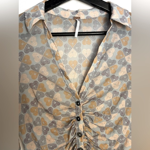 Free People Mesh Rouched Long Sleeve Button Down Blouse Top Heart Print XS - Picture 2 of 7